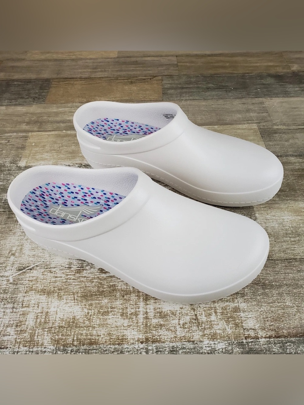Dansko White Kaci Slip-On Clog with Colorful Printed Insole